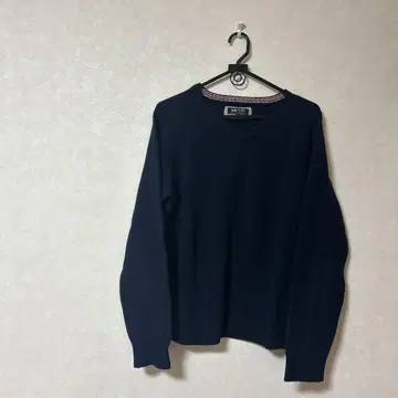 BEAMS HEART 울 100% V넥 스웨터 네이비 L