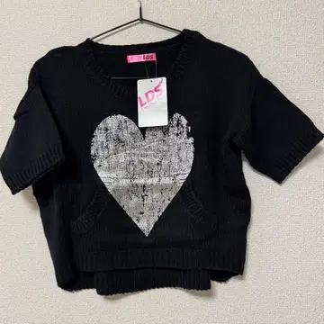 LDS 블랙 니트 반팔 니트 하트 프린트 택 포함 미사용 새상품