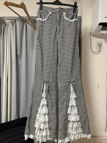 Meroir 깅엄 체크 플레어 팬츠 레이스 포함