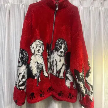개 프린트 빨간색 플리스 자켓 XL