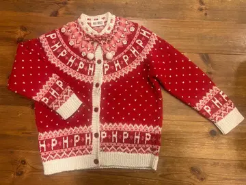 핑크하우스 로고 뜨개질 가디건 빨간색 계열