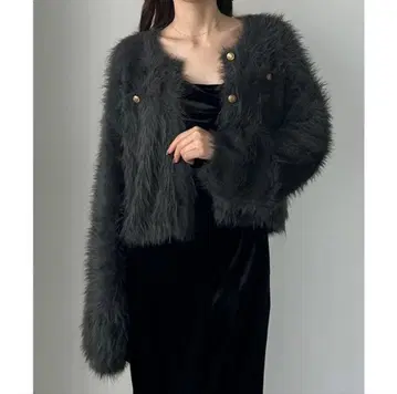 골드 버튼 샤기 니트 가디건