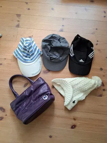 보라색 퍼프 가공 백과 모자 세트