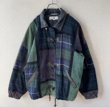 90s 체크 스웨이드 가죽 패치워크 자켓 구제 의류 더플