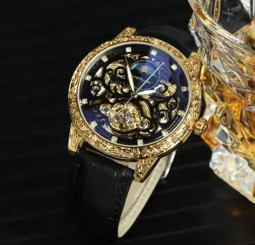 자동 태엽 스켈레톤 손목시계 골드/네이비