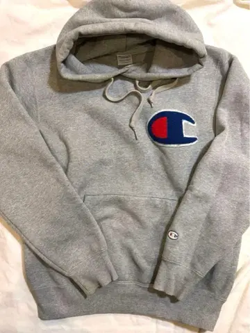 Champion 그레이 프론트 로고 후드티 M 사이즈