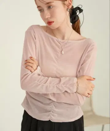 hinari 시어 플로키 개더 상의 핑크