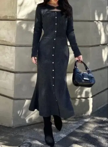 rienda manyway 가디건 세트 니트 원피스 (다크 그레이)