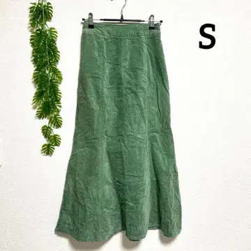 헤더 S 코듀로이 플레어 롱 스커트 그린 면 100%