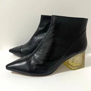 택 포함 새상품 ZARA / 천연 가죽 글리터 힐 숏부츠 37 블랙