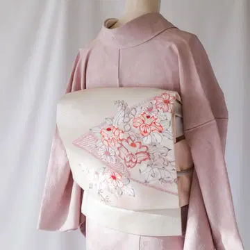 순수 실크 나고야 오비, 은박 바탕에 동백과 등나무, 연말연시