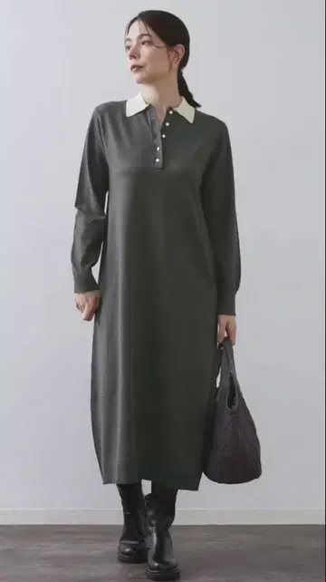 가격 인하 오파크 클립 배색 폴로 카라 니트 원피스 [세탁기 OK]