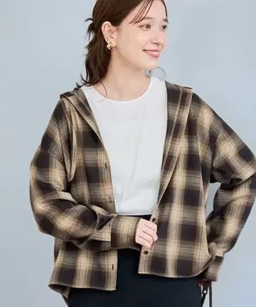 coen 브라운 계열 체크 후드 부착 셔츠