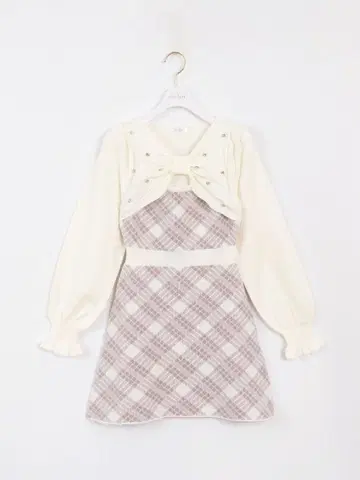 온라인 완판 evelyn 긴팔 체크 리본 니트 핑크 원피스