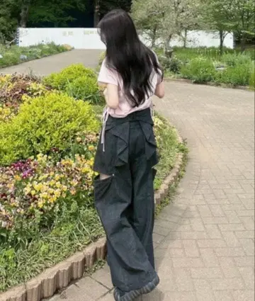 백리본 사이드 컷 와이드 데님