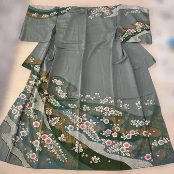 그린 컬러 꽃무늬 호몬기 앤티크 기모노