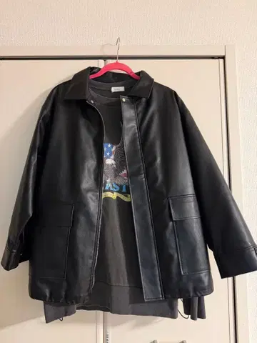 블랙 가죽 자켓 오버 사이즈 트레이닝복 세트