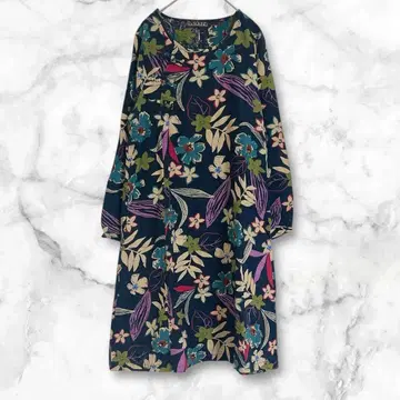 리사운드 꽃무늬 긴팔 셔츠 원피스 무릎 기장 네이비 M~L 상당