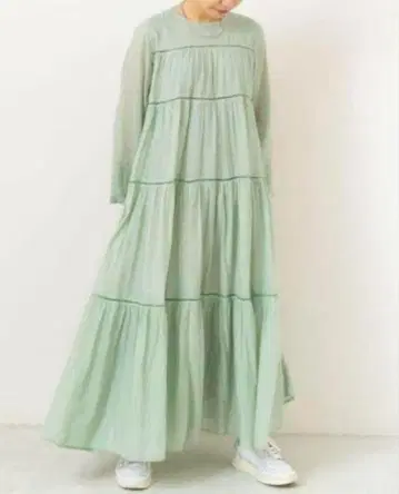 누키테파 코튼 티어드 원피스 민트 그린