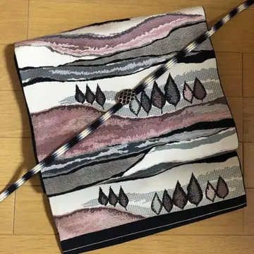 앤티크 순수 실크 나고야 오비 재미있는 cute 풍경 무늬