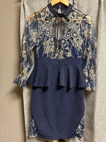 네이비 레이스 페플럼 드레스 M