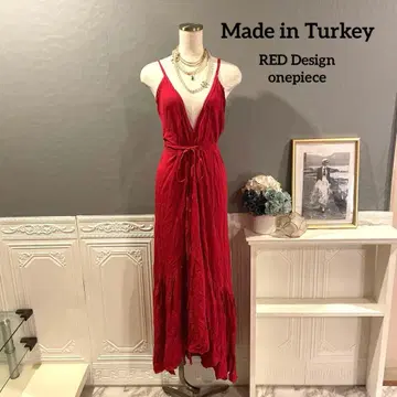 [ 2만 엔 ] 호주 구매 리본 타이 레드 맥시 디자인 원피스