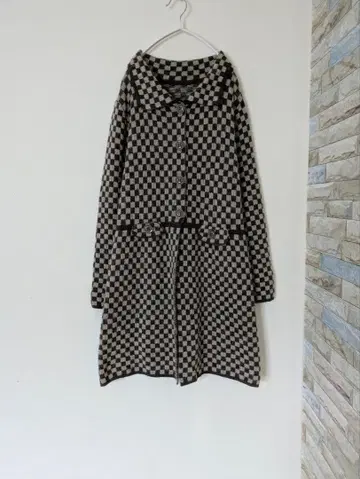 체크 무늬 울 코트 롱 가디건