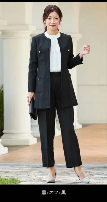 블랙 롱 노카라 자켓과 팬츠 셋업