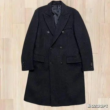 컨디션 최상 EDIFICE 더블 체스터 코트 캐시미어 혼방 네이비 체크