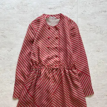 쇼와 레트로 빨간색 스트라이프 절개 긴팔 롱 원피스 A라인