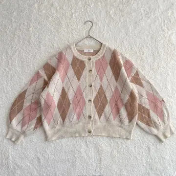 아가일 무늬 가디건 뽕긋한 소매 루즈핏 한국 핑크 짧은 기장 겉옷 와이드