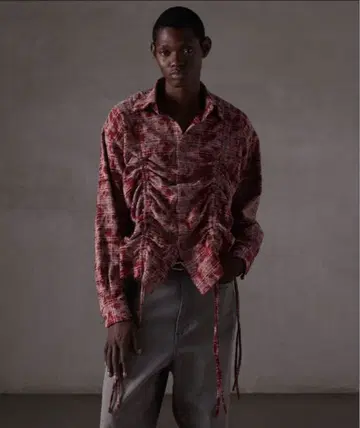 [ GRANCY ] 셔링 디자인 블리치 체크 셔츠 레드 M