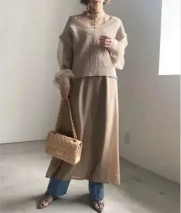 AMERI 니트 베이지 V넥 시스루