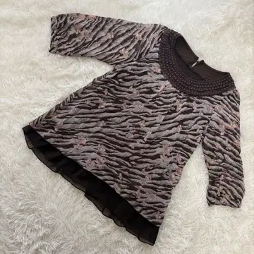 메이크렛 [M 상당] 7부 소매 튜닉 제브라 꽃무늬 쉬폰 밑단