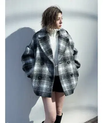 ENVYM 앙비 턱 슬리브 코쿤 CT 체크 코트 미디엄 기장