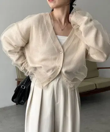 튤 레이어드 가디건 베이지 시스루 긴팔 가디건