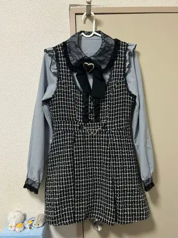 DearMyLove 하트 리본 블라우스 오버롤 스커트 세트