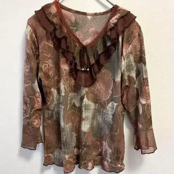 프릴 장식 꽃무늬 쉬폰풍 상의 브라운 여성용 M 상당