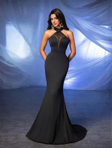 블랙 하이넥 머메이드 드레스