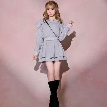 미셸 마카롱 세일러 카라 레이스 라인 셋업 그레이 후드티