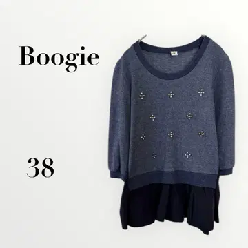 부기 네이비 비쥬 장식 상의 38 절개 프릴 여성용 7부 소매