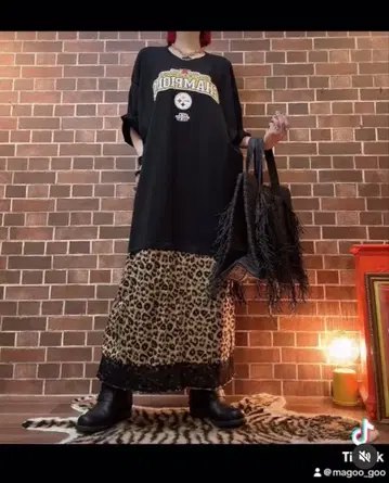 리메이크 티셔츠 원피스 블랙/레오파드