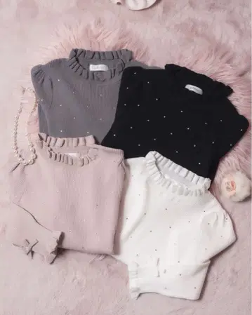 pium 프릴 하이넥 비쥬 리브 니트 핑크