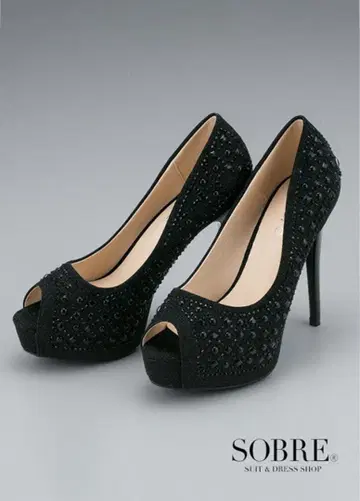 SOBRE 격자 펄 비쥬 오픈토 12cm 힐 블랙