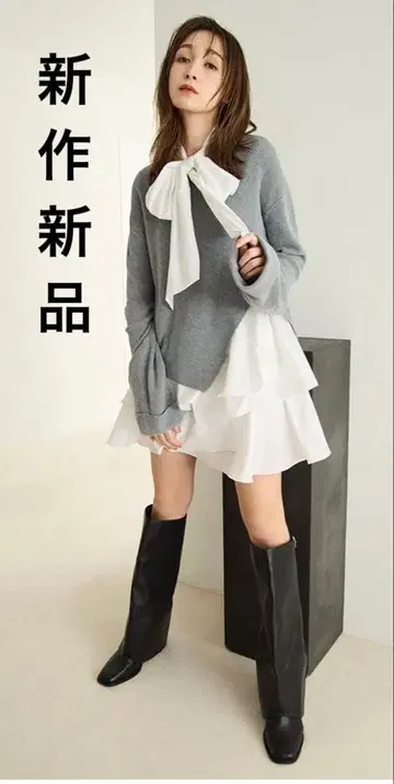 신상 택 포함 새상품 프레이 아이디 리본 타이 콤비 니트 튜닉