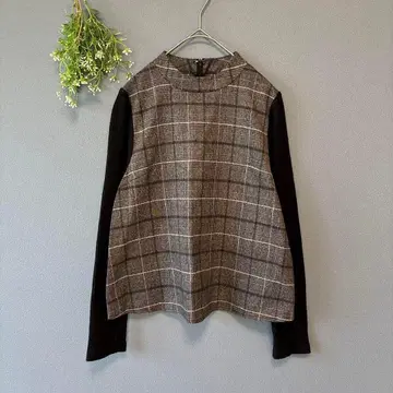 페이지 보이 [F] 고급 쿨 도킹 체크 무늬 트위드 티셔츠 x 리브 니트