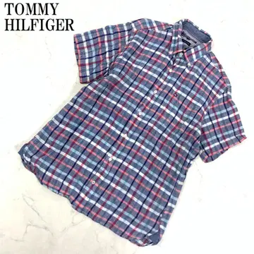 LA7109 타미힐피거 린넨 100% 체크 반팔 셔츠 블루 M