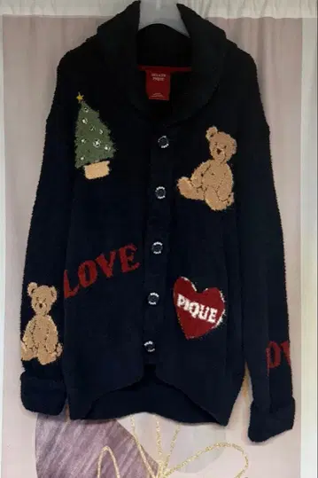 젤라또피케 옴 홀리데이 곰 자카드 숄 가디건 네이비