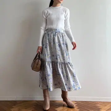 택 포함 새상품 티어드 꽃무늬 롱 스커트 보타이 리본 허리밴딩