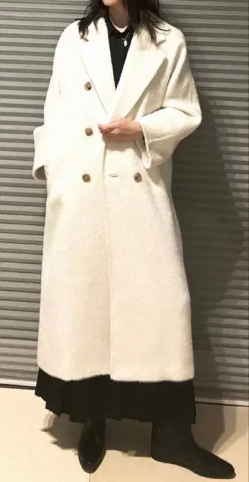 알파카 100% 화이트 더블 브레스트 롱 코트